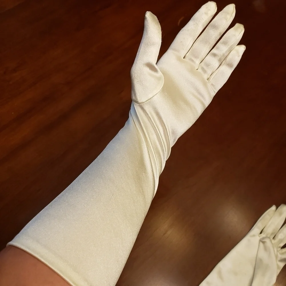 Champagne Satin Finish Stretch Opera Length Wedding Gloves GUC